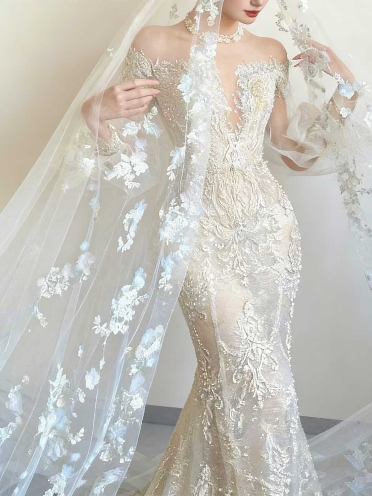 Luxury Champagne Mermaid Bridal Gown with Floral Embellished Train