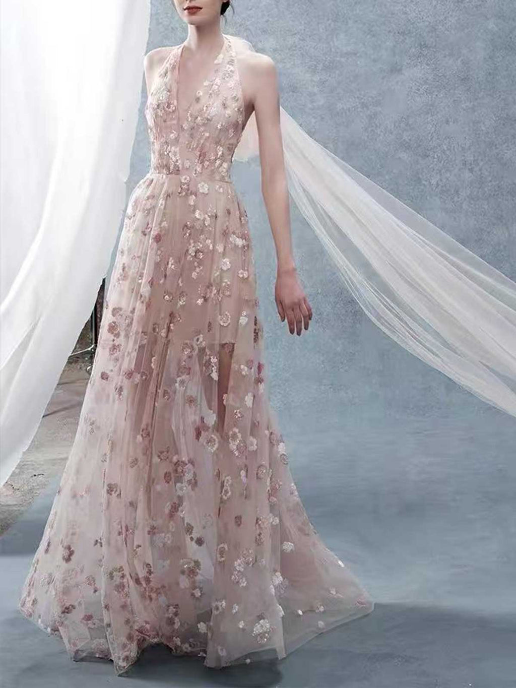 Blush Pink Halter Neck Floral Embroidered Tulle Evening Gown