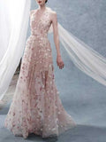 Blush Pink Halter Neck Floral Embroidered Tulle Evening Gown