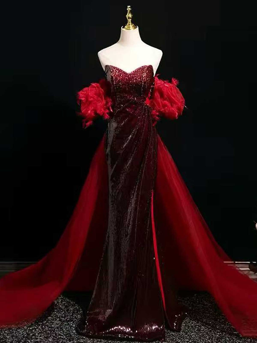 Deep Red Strapless Sequin Mermaid Evening Gown with Feather Cuffs