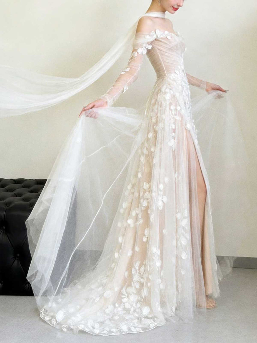 Ethereal Off-Shoulder 3D Floral Tulle Gown with Sheer Sleeves