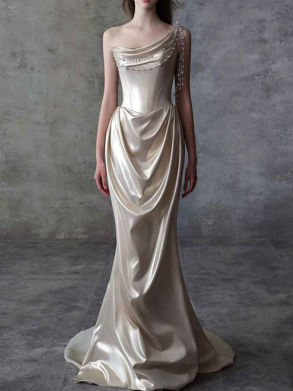 Elegant Champagne Satin Evening Gown with Pearl Drapery