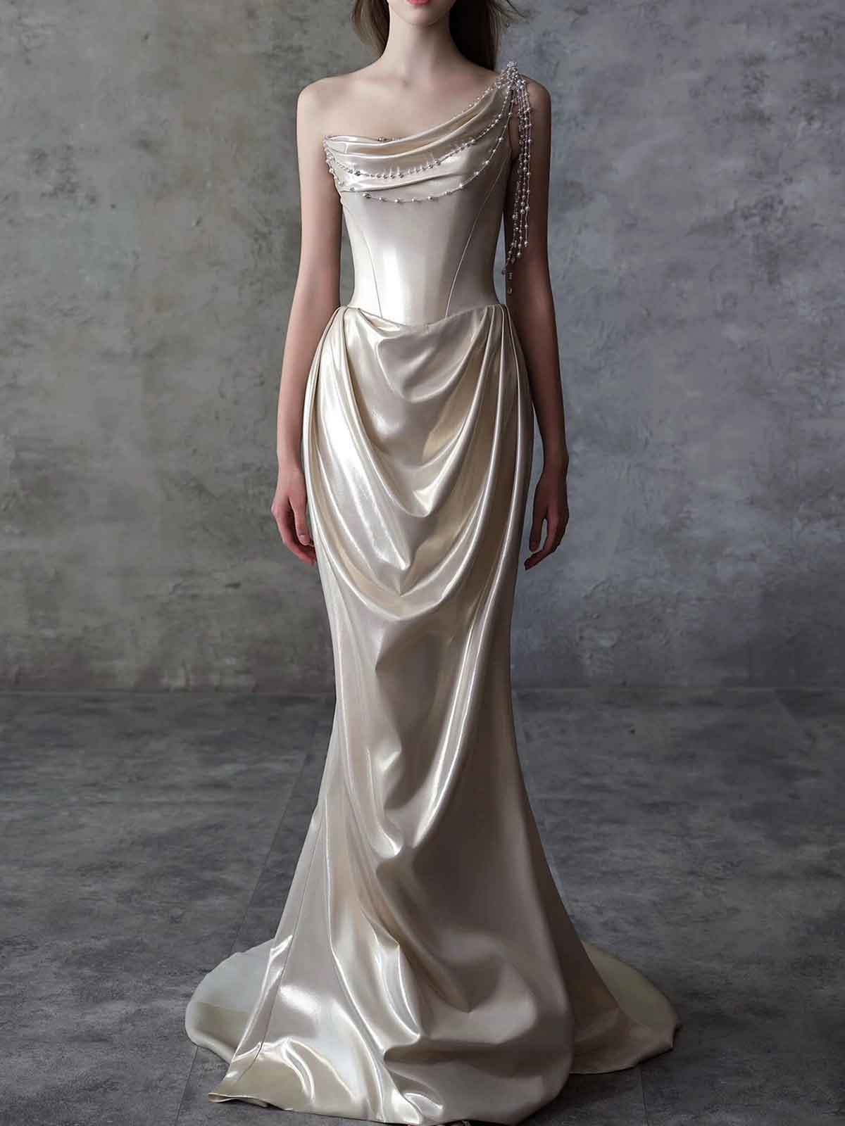 Elegant Champagne Satin Evening Gown with Pearl Drapery