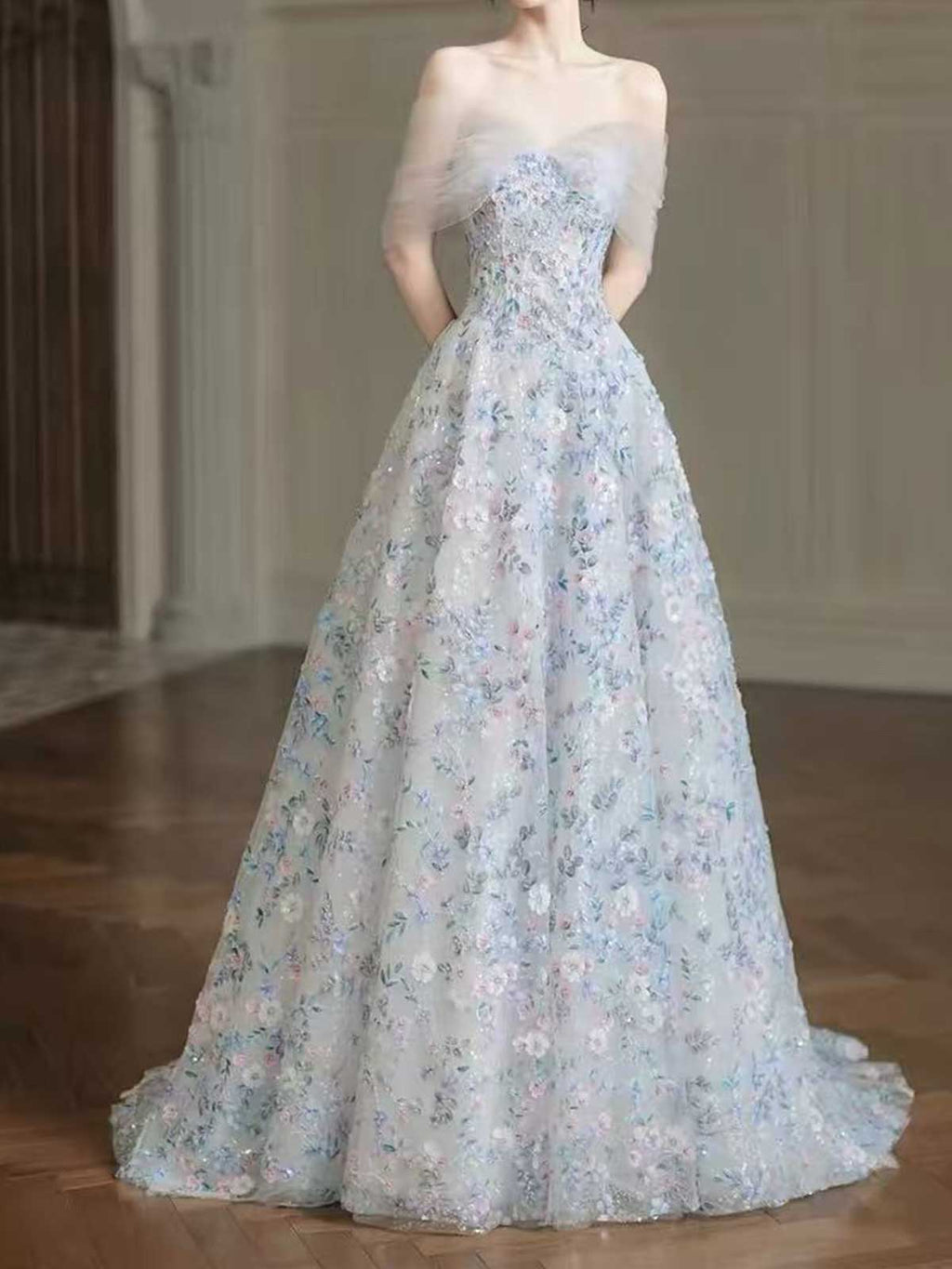 Pastel Blue Pink Floral Sequin Off-the-Shoulder A-Line Evening Gown