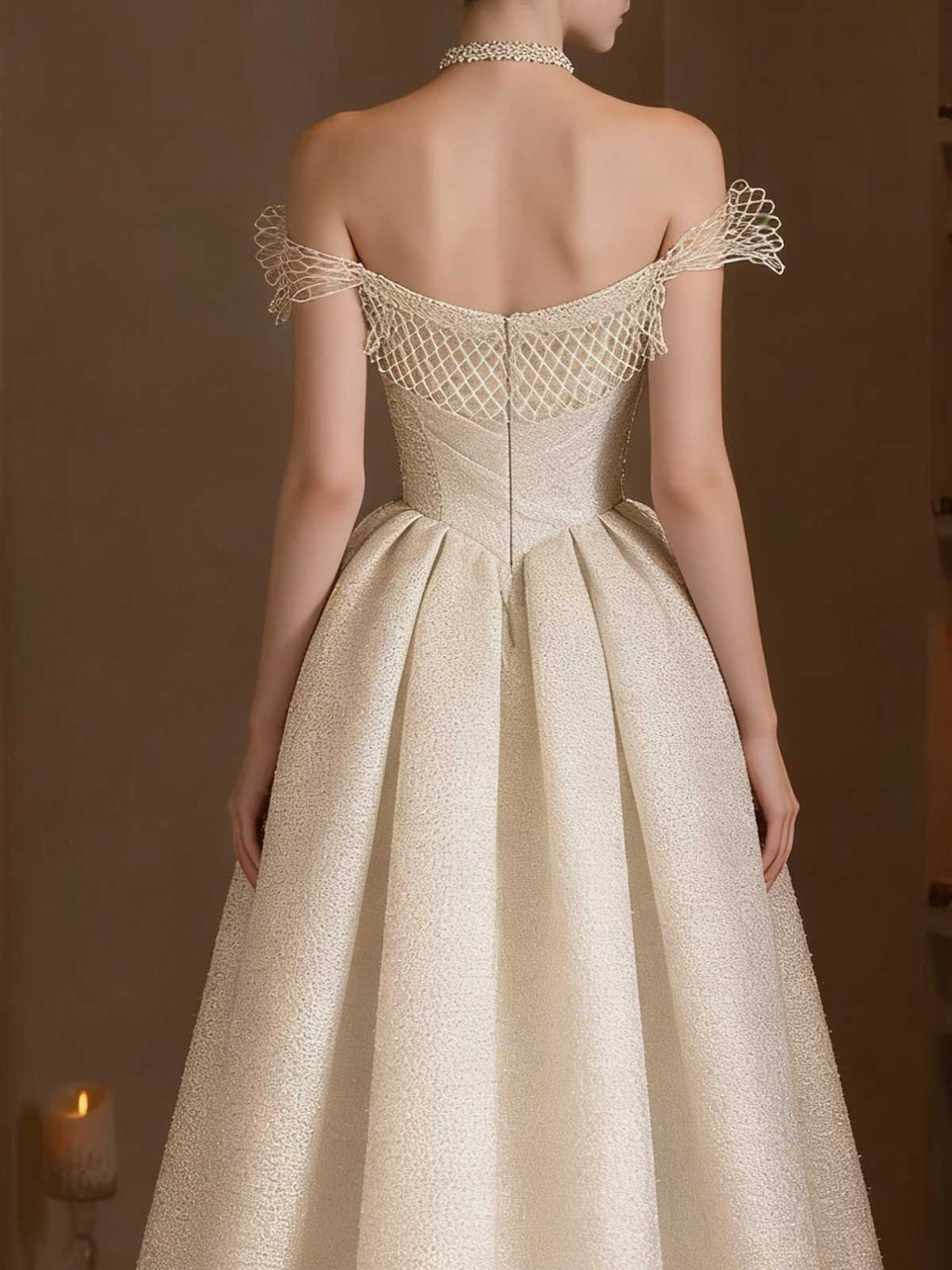 Off-the-Shoulder Ball Gown with Lace Mesh Neckline & Glitter Tweed Fabric