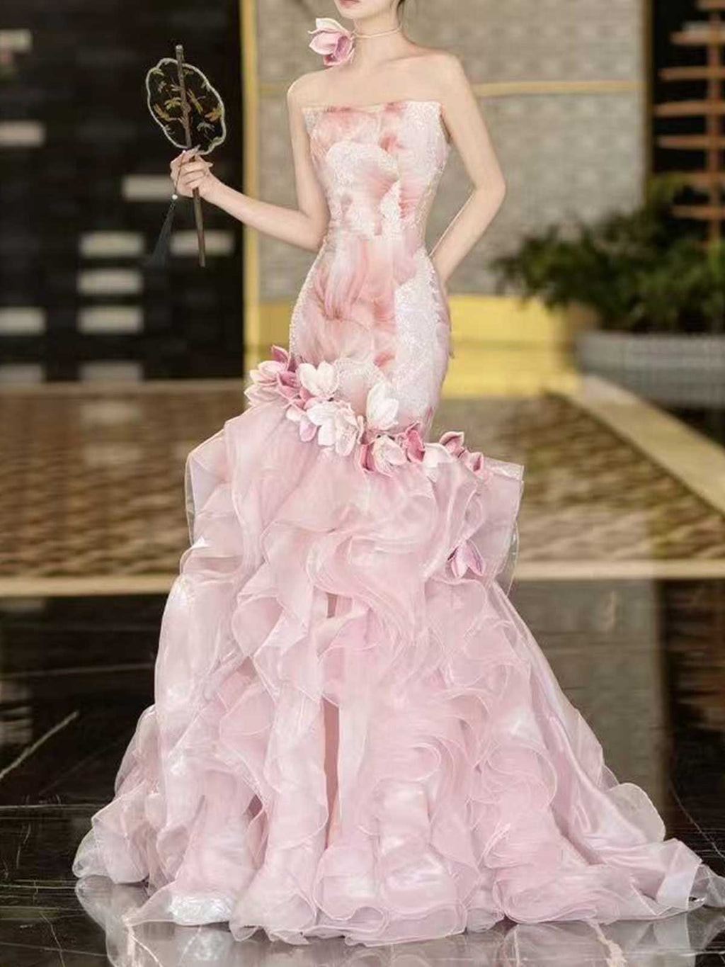 Pink Strapless Ombre Print Mermaid Evening Gown with Ruffled Tulle Skirt