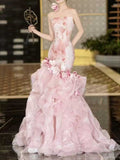 Pink Strapless Ombre Print Mermaid Evening Gown with Ruffled Tulle Skirt
