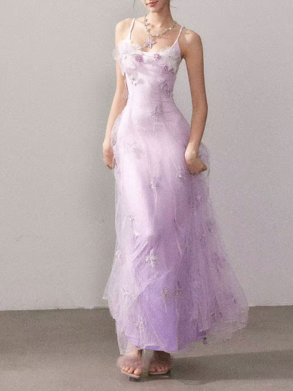 Spaghetti Strap 3D Floral Lavender Glitter Tulle Maxi Dress Fairy Formal Gown