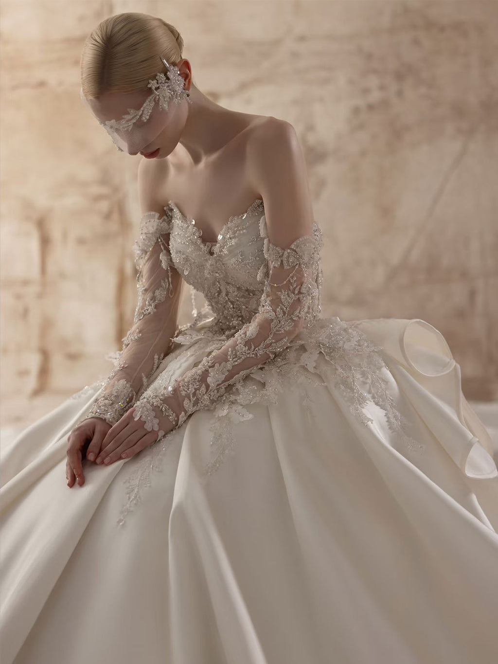 Luxury Off-the-Shoulder Lace Ball Gown with Sheer Long Sleeves