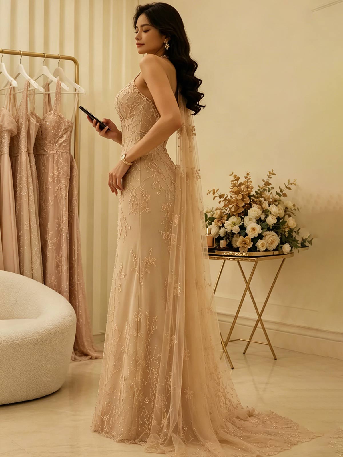 Champagne Beaded Halter Neck Evening Gown with Tulle Cape