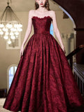 Burgundy Satin Strapless A-Line Evening Gown with 3D Floral