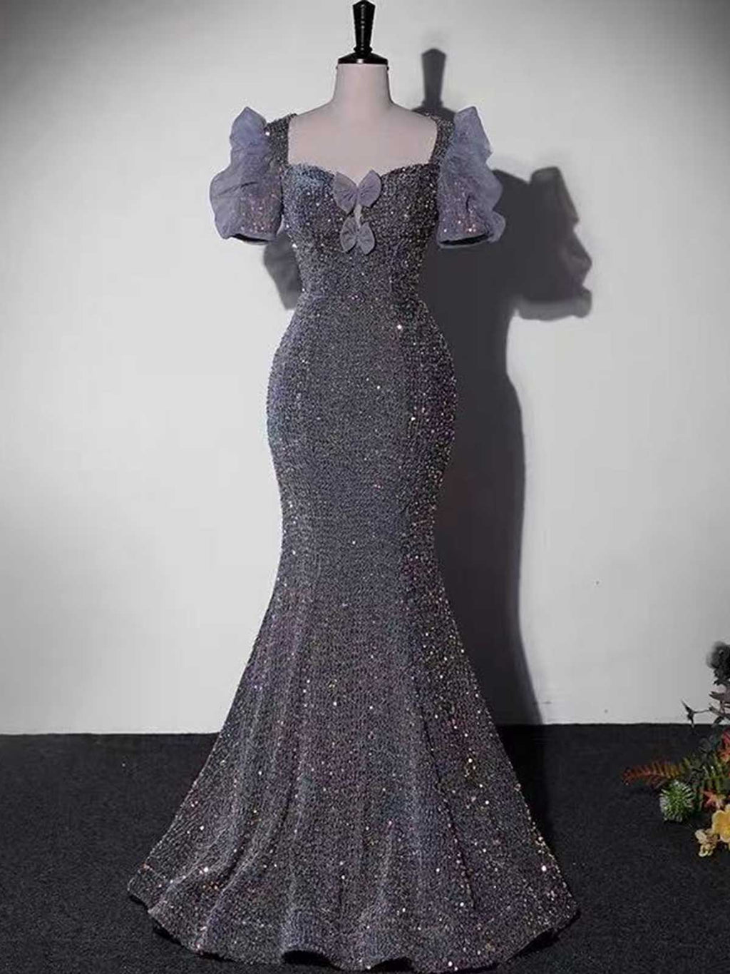 Lavender Gray Sequin Mermaid Evening Gown with Bow Detail & Puff Sleeves