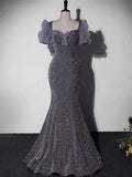 Lavender Gray Sequin Mermaid Evening Gown with Bow Detail & Puff Sleeves