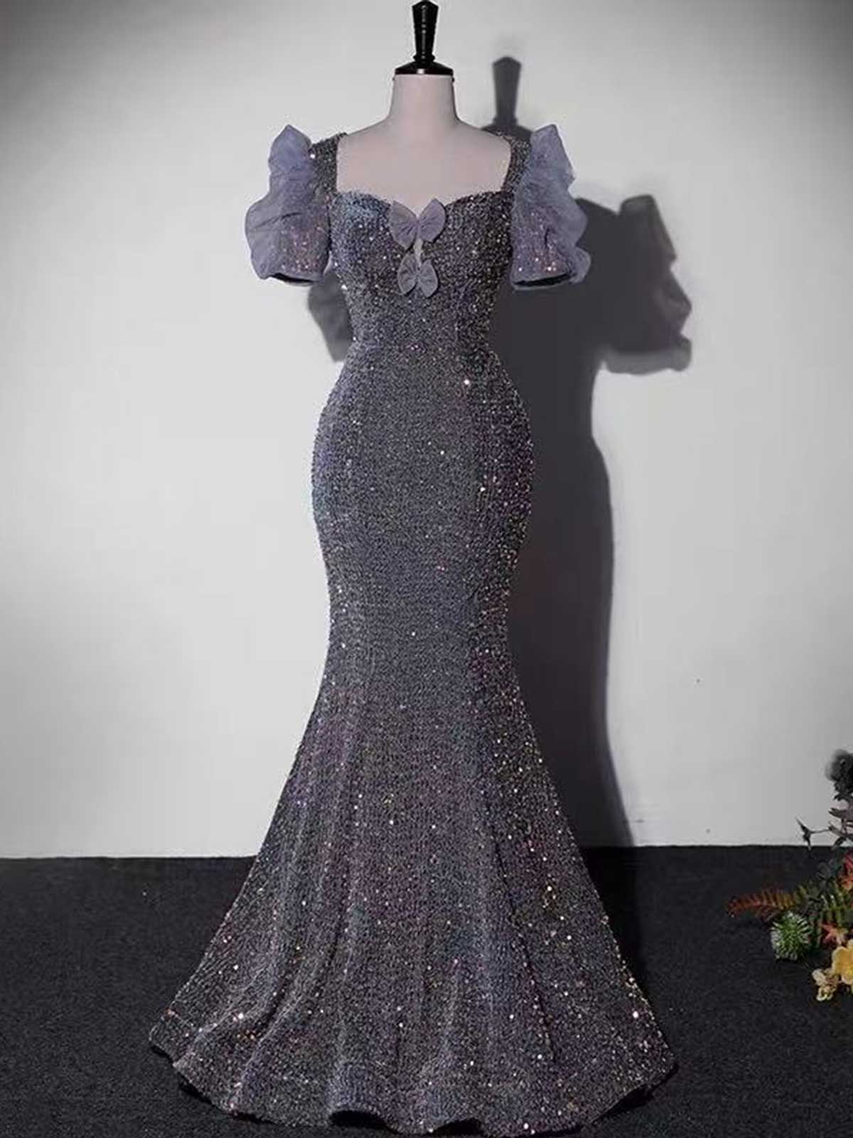 Lavender Gray Sequin Mermaid Evening Gown with Bow Detail & Puff Sleeves
