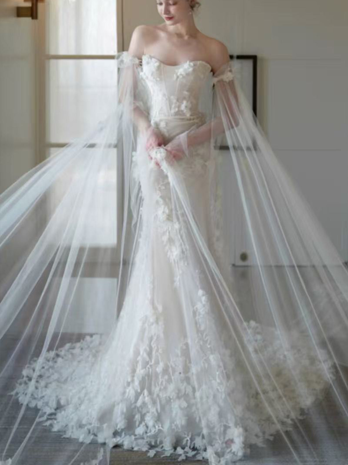 Strapless 3D Floral Lace Cape Tulle Mermaid Train Wedding Gown