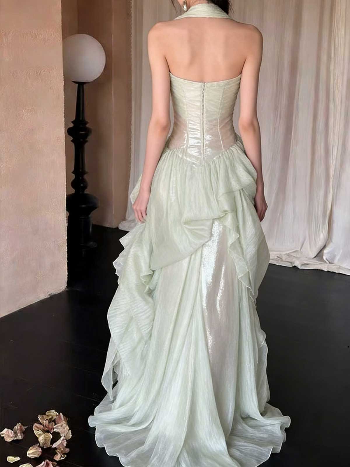Mint Green Halter Ruffled Metallic Maxi Evening Gown