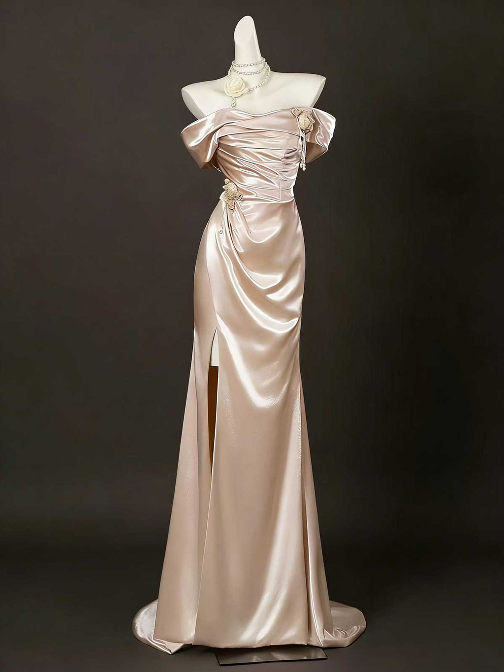 Luxury Champagne Satin Off-Shoulder Evening Gown