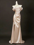 Luxury Champagne Satin Off-Shoulder Evening Gown