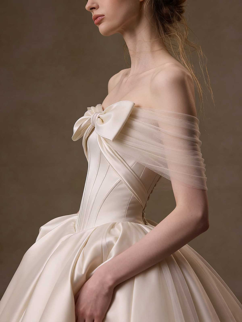 Ivory Oversized Bow Strapless Satin Ball Gown Wedding Dress