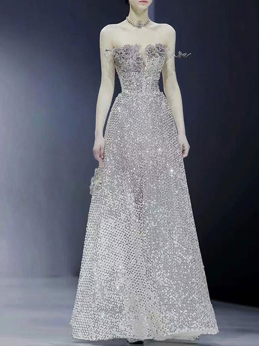 Strapless Floral Crystal All Over Rhinestone A-Line Evening Gown
