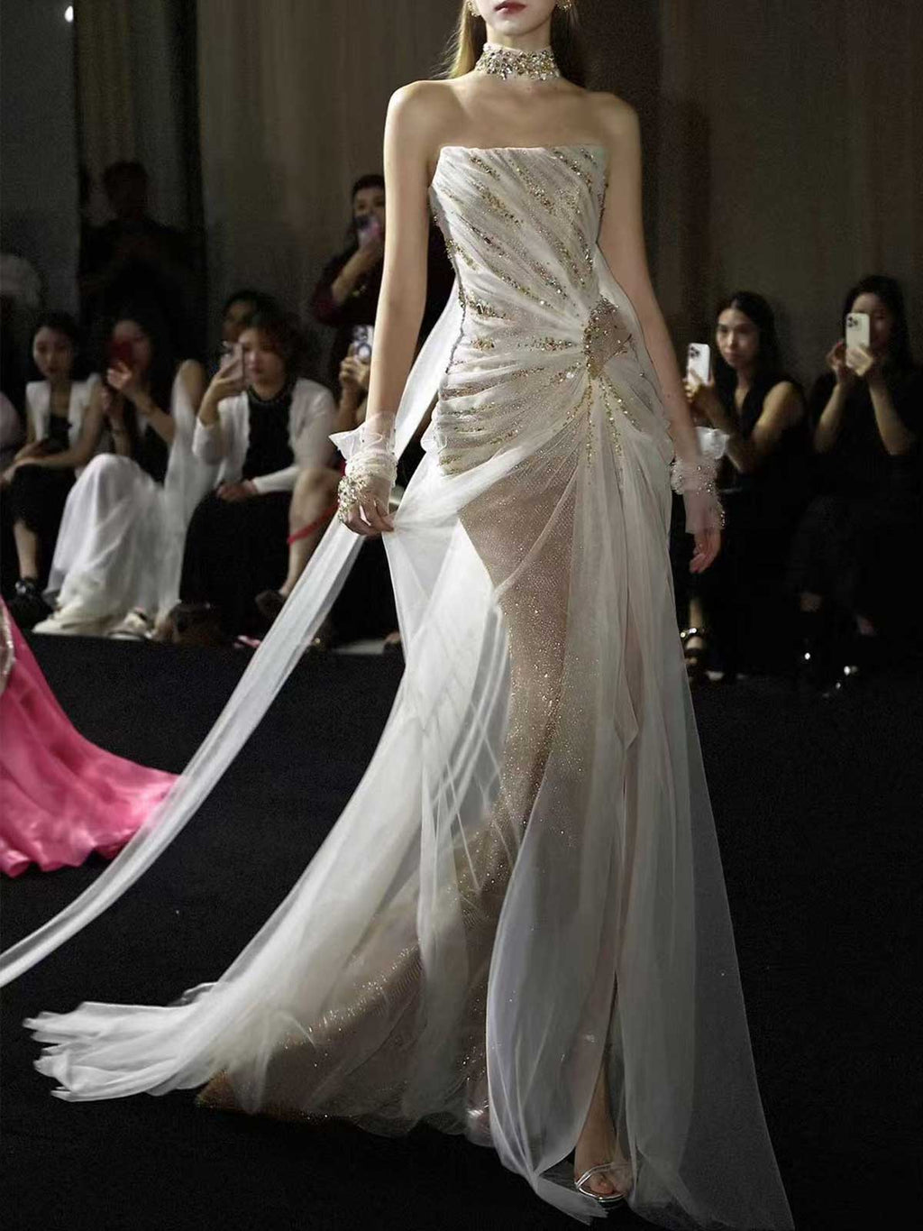 Gold Crystal Beaded Strapless Sheer Mermaid Evening Gown with Slit