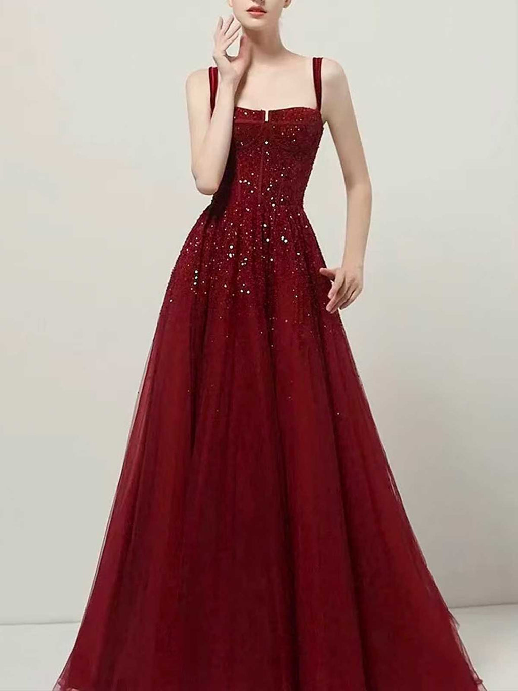 Burgundy Red Spaghetti Strap Sequin Tulle Ball Gown