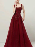 Burgundy Red Spaghetti Strap Sequin Tulle Ball Gown