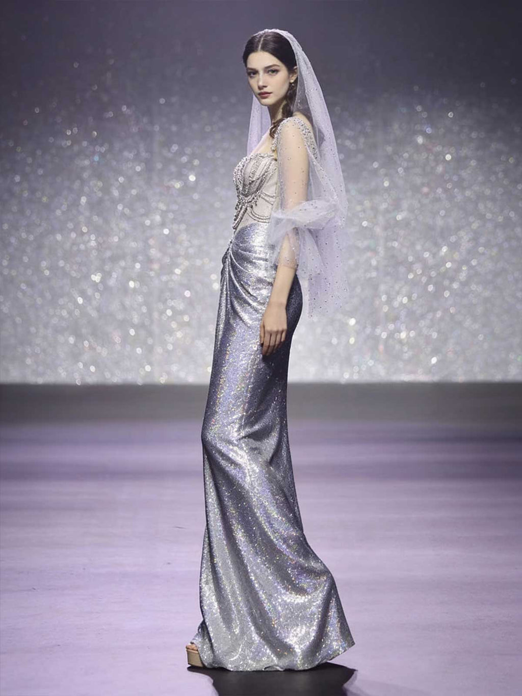 Silver Sequin Gradient Square Neck Mermaid Pageant Gown with Veil