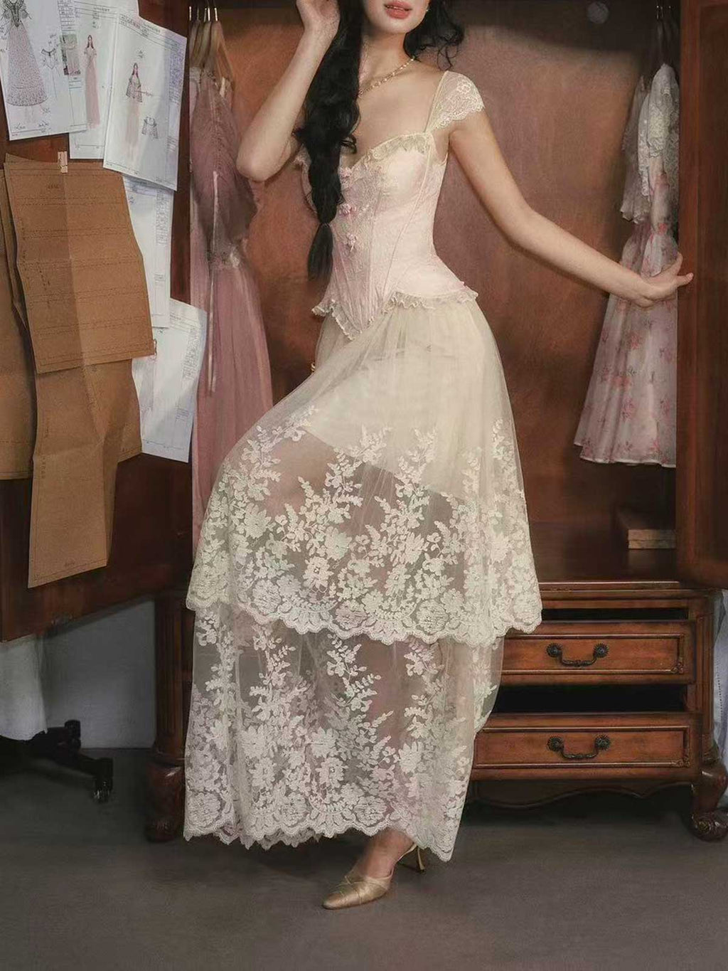 Blush Pink Lace Spaghetti Strap Tiered Tulle A-Line Wedding Dress