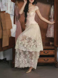 Blush Pink Lace Spaghetti Strap Tiered Tulle A-Line Wedding Dress