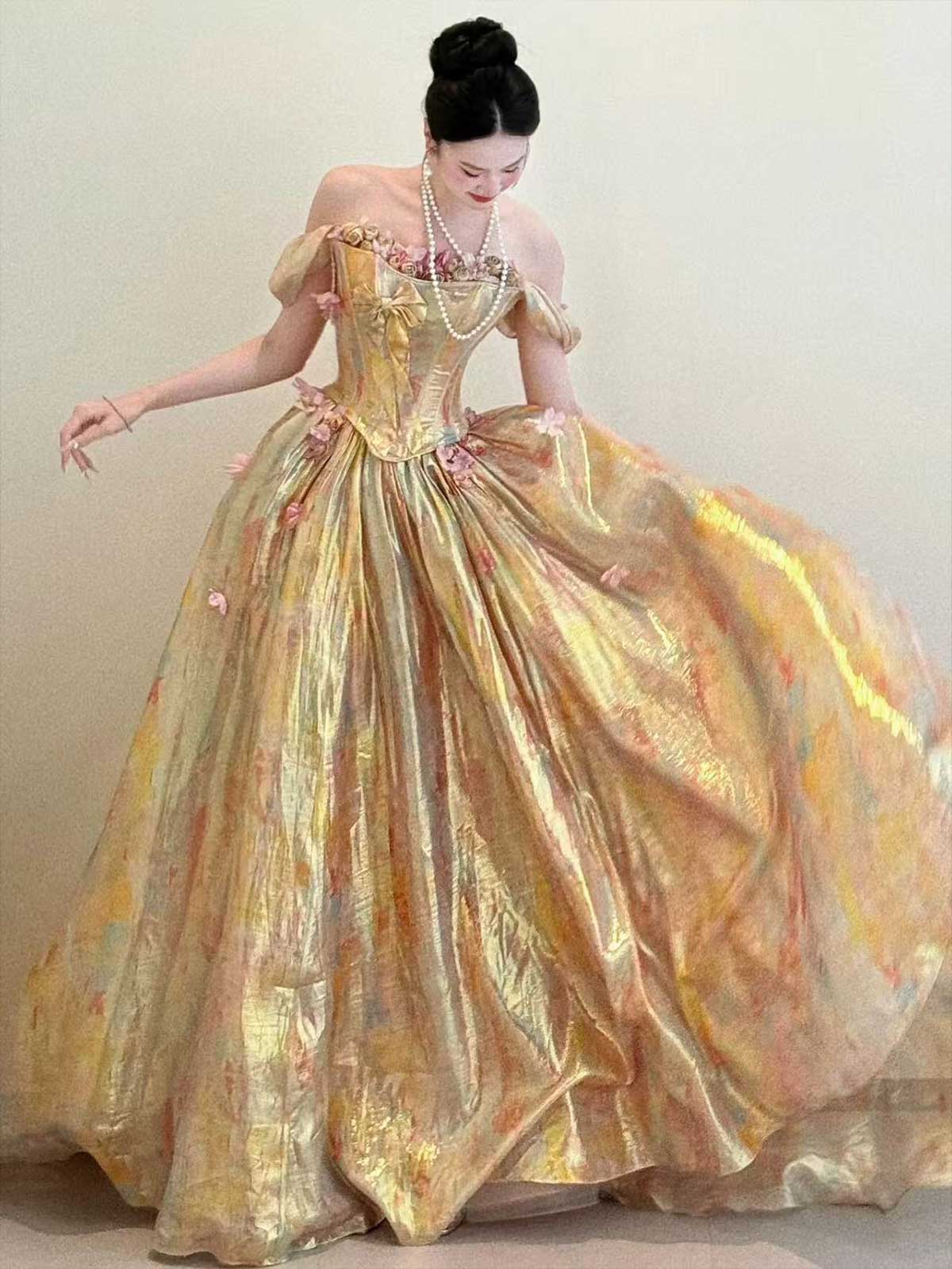Iridescent Gold Off-the-Shoulder Corset Ball Gown with Floral Appliqués