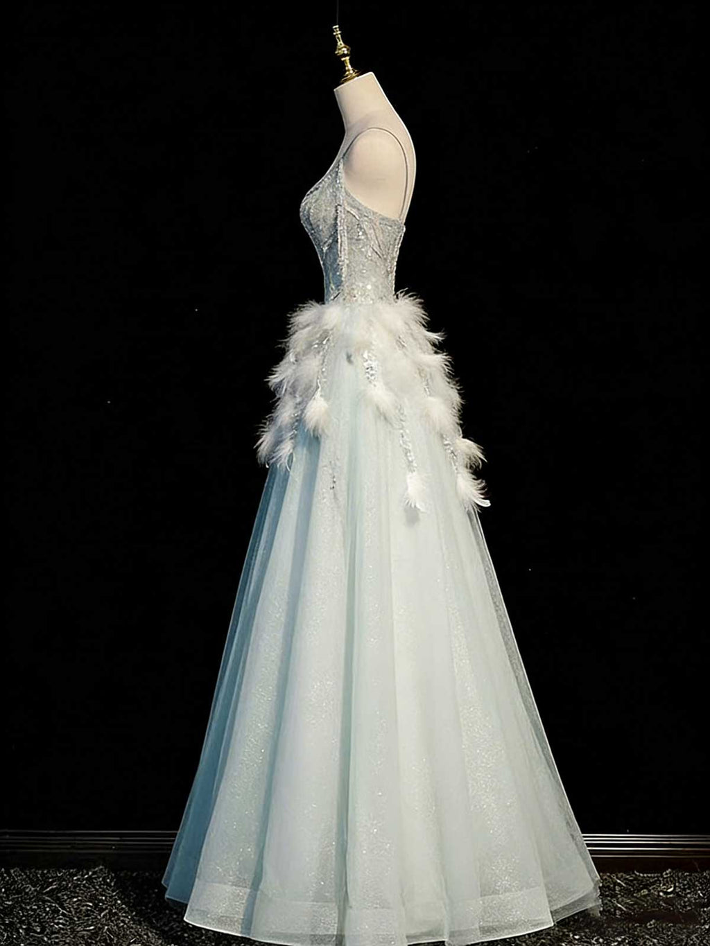 Mint Green Feather Fringe Spaghetti Strap A-Line Prom Gown