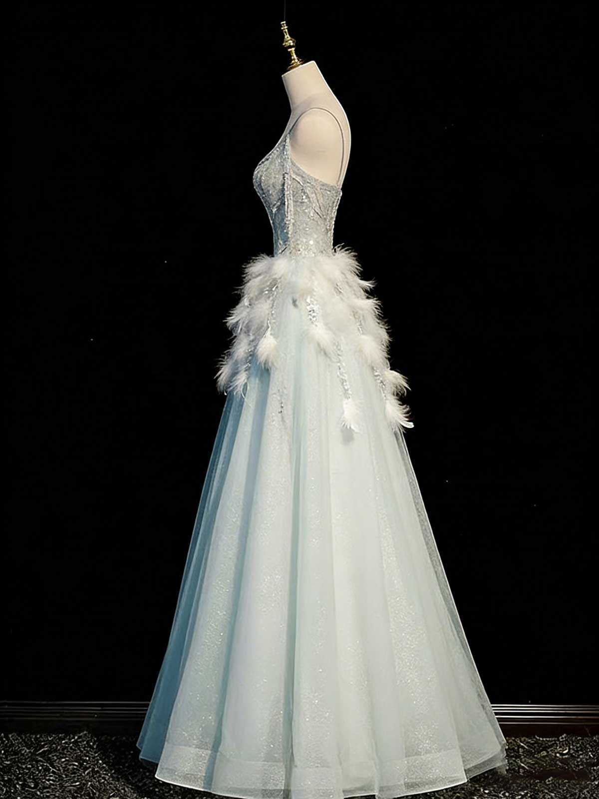 Mint Green Feather Fringe Spaghetti Strap A-Line Prom Gown
