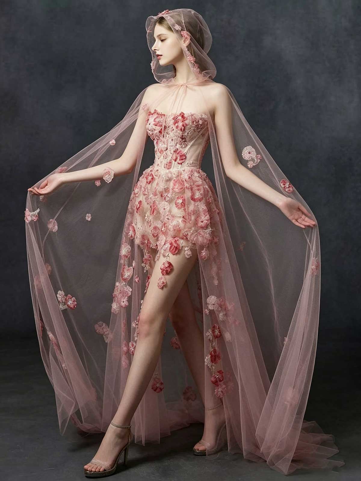Blush Pink and Gold Strapless Corset Ball Gown with Floral Appliqués