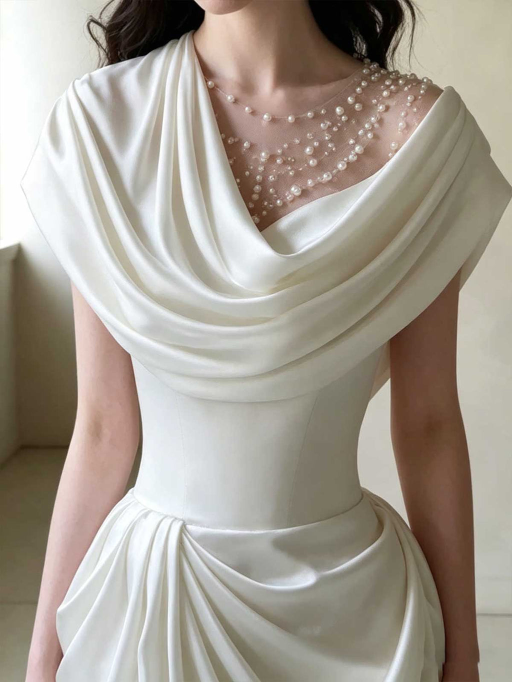 Ivory Satin Off-the-Shoulder Beaded Tulle A-Line Wedding Dress