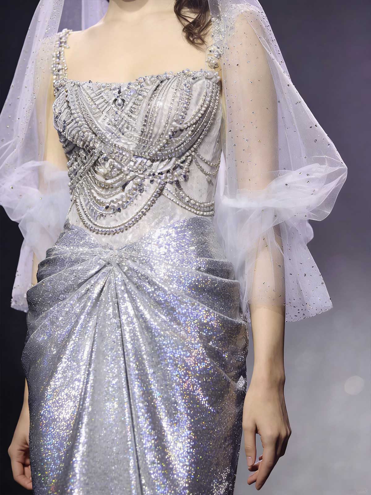 Silver Sequin Gradient Square Neck Mermaid Pageant Gown with Veil