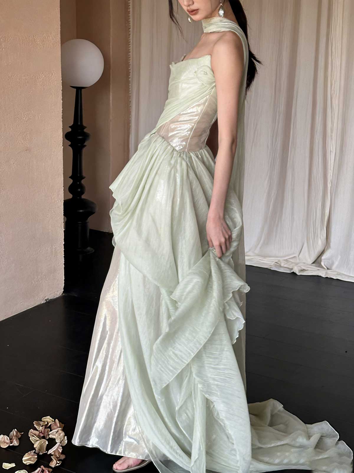 Mint Green Halter Ruffled Metallic Maxi Evening Gown