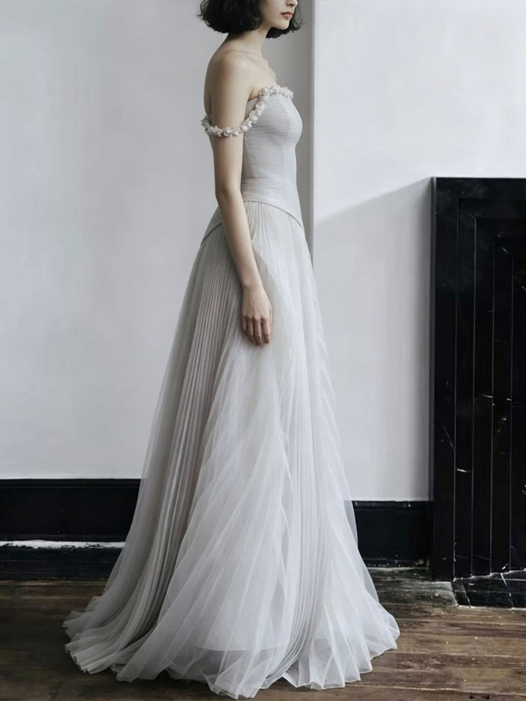 Light Gray Off-the-Shoulder Pleated Tulle Evening Gown with Beaded Neckline
