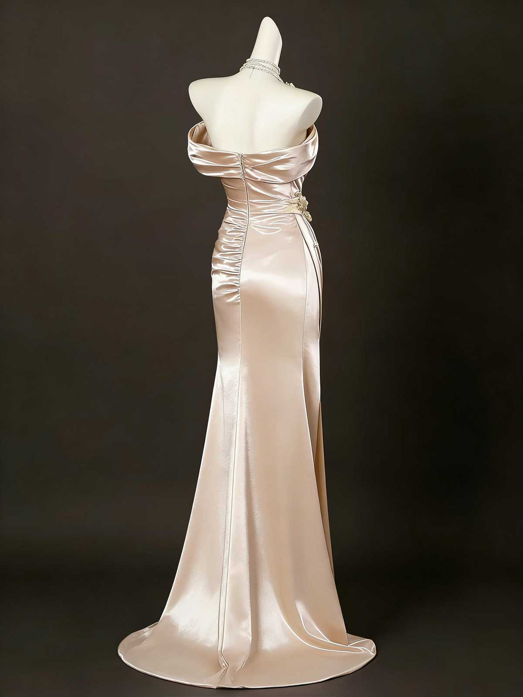 Luxury Champagne Satin Off-Shoulder Evening Gown