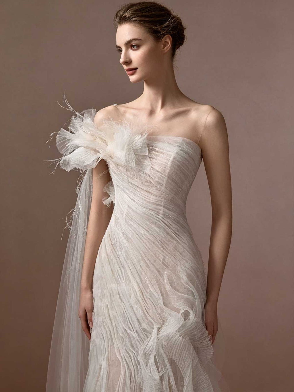 Ivory Tulle Feather One Shoulder Mermaid Wedding Dress with Cape Train