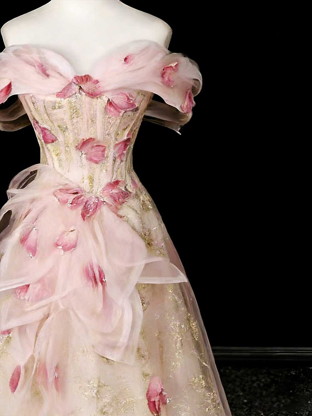 Blush Pink 3D Floral Off-the-Shoulder A-Line Evening Gown with Gold Foil