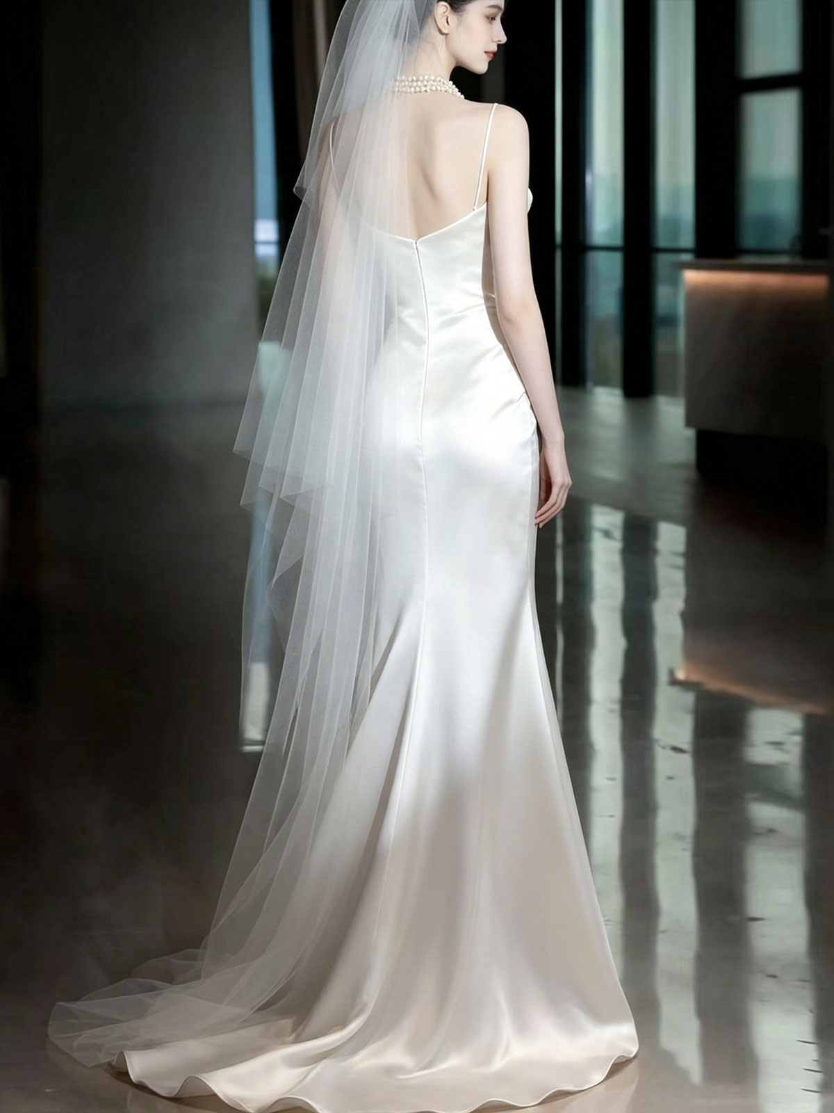 White Asymmetrical Spaghetti Strap Draped Satin Mermaid Wedding Dress Minimalist Bridal Gown
