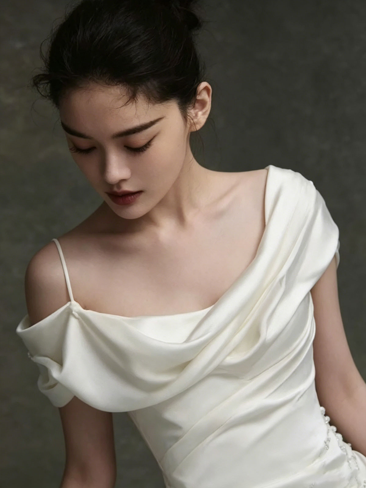 Asymmetric Draped Satin Pearl Embellished Mermaid Train Wedding Gown