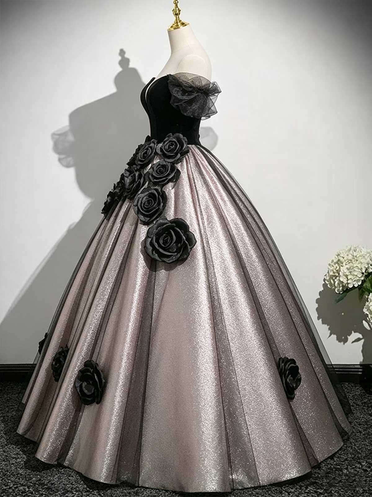Black & Champagne Off-the-Shoulder Ball Gown with 3D Black Rose Appliqués