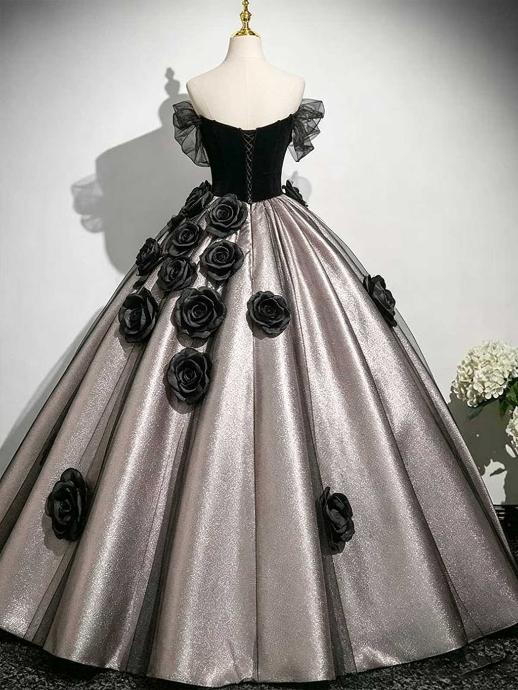 Black & Champagne Off-the-Shoulder Ball Gown with 3D Black Rose Appliqués
