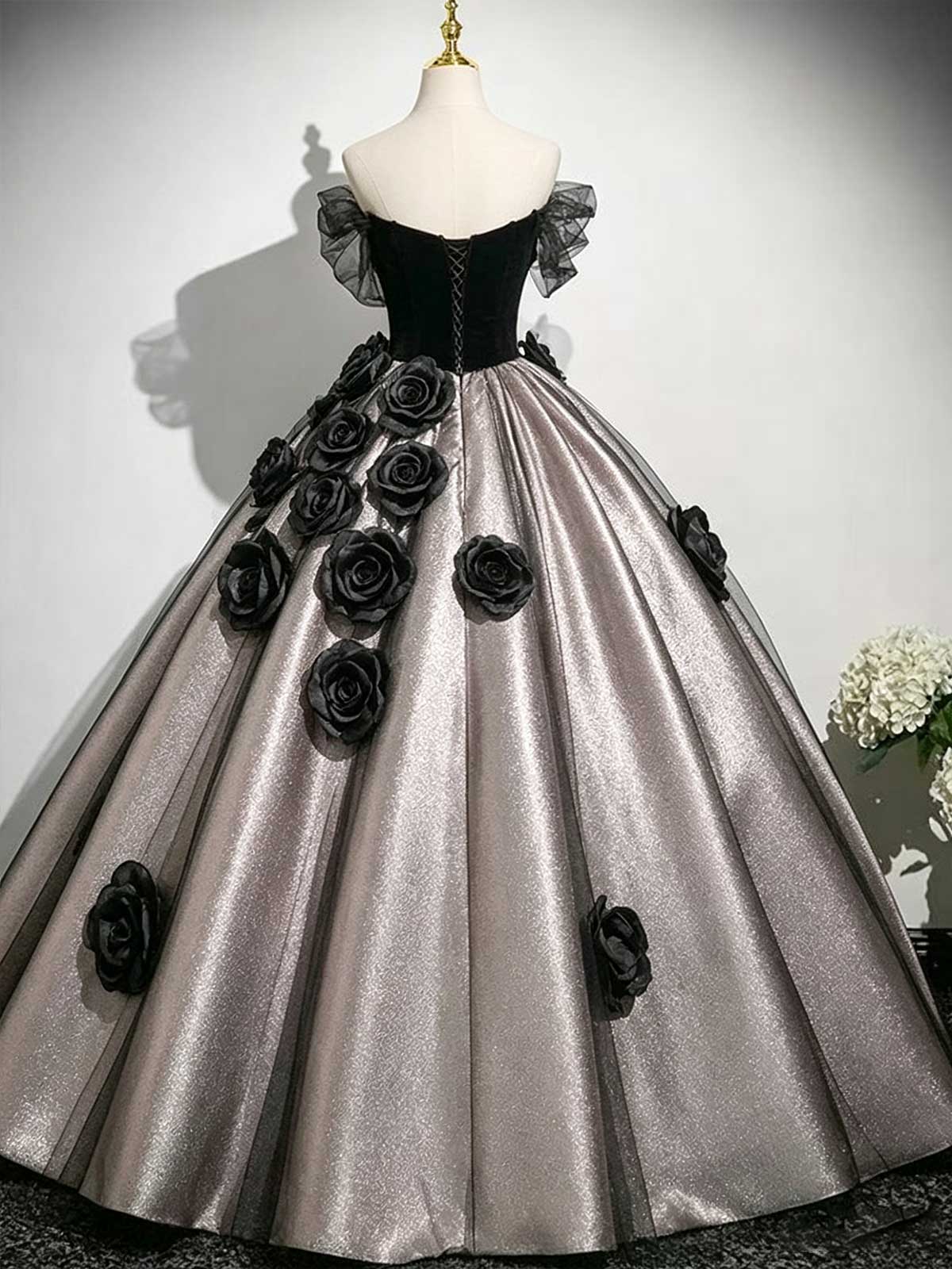 Black & Champagne Off-the-Shoulder Ball Gown with 3D Black Rose Appliqués