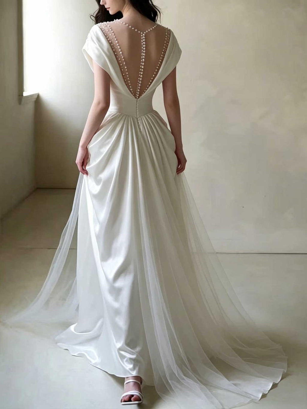 Ivory Satin Off-the-Shoulder Beaded Tulle A-Line Wedding Dress