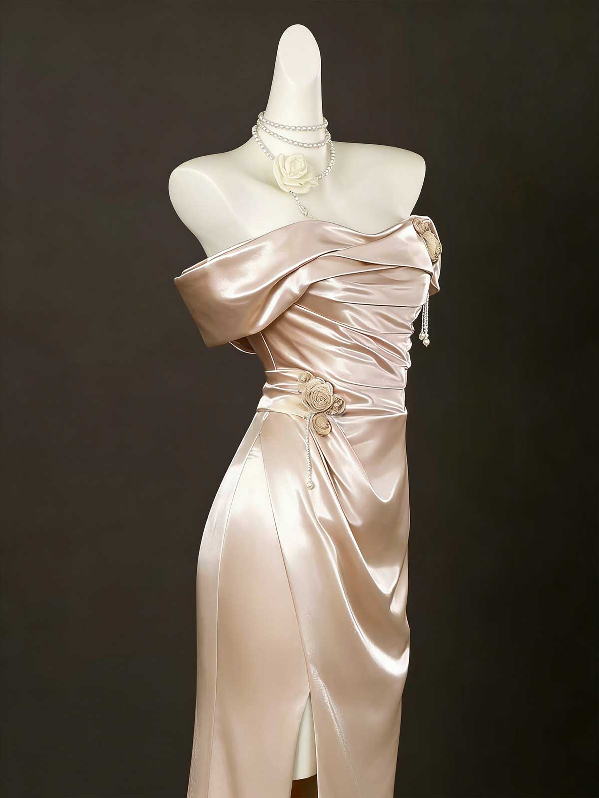 Luxury Champagne Satin Off-Shoulder Evening Gown