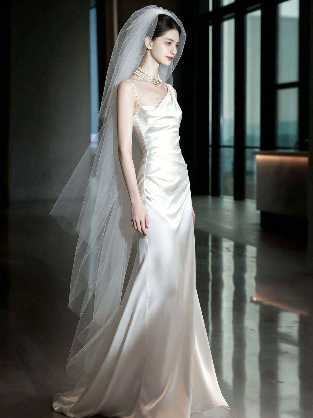 White Asymmetrical Spaghetti Strap Draped Satin Mermaid Wedding Dress Minimalist Bridal Gown