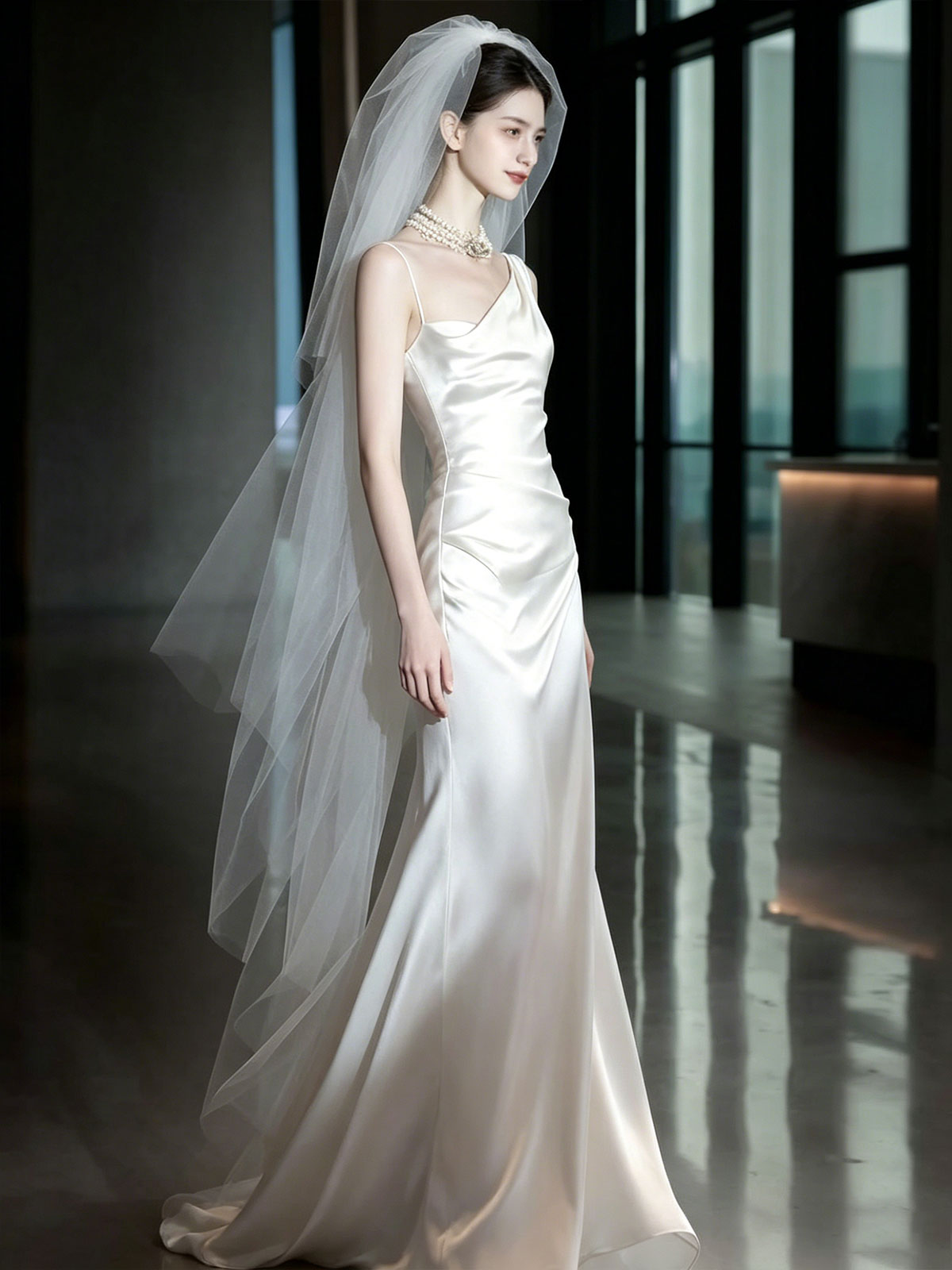White Asymmetrical Spaghetti Strap Draped Satin Mermaid Wedding Dress Minimalist Bridal Gown